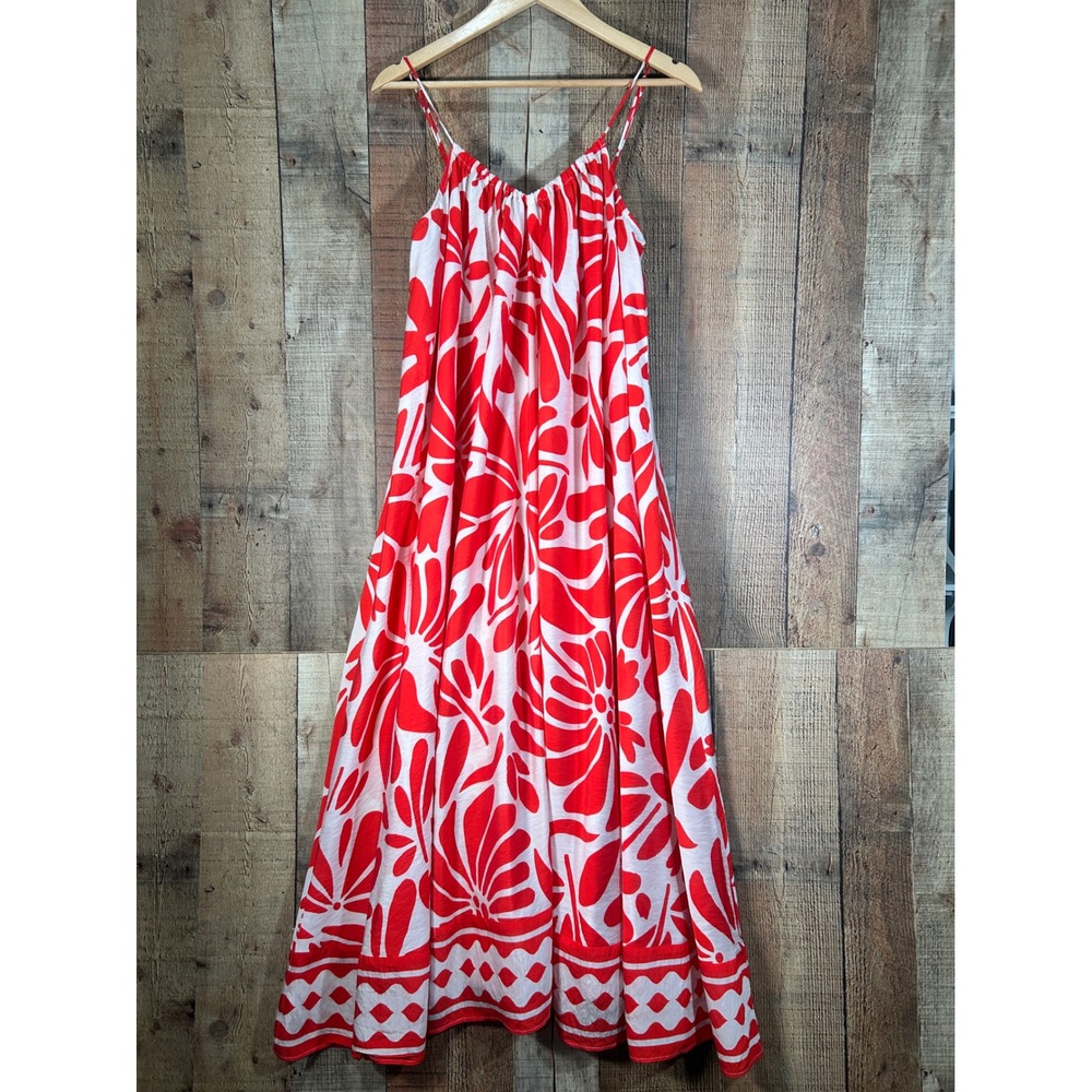 HM Red White Floral Viscose Blend Maxi Dress Adjustable Straps Medium Long Boho